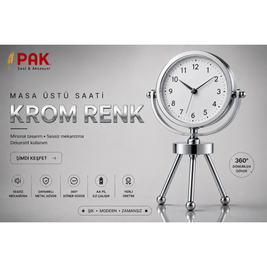 PAK-113 KROM RENGİ DOĞAL RAKAMLI İÇİ BEYAZ 3 AYAKLI SAAT 20 CM