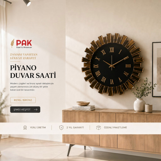 PAK-100 PİYANO SAAT BRONZ RENGİ ROMA RAKAMI SİYAH ZEMİN