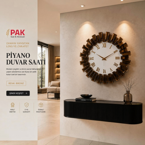 PAK-100 PİYANO SAAT BRONZ RENGİ ROMA RAKAMI BEYAZ ZEMİN 80 CM ÇAPI