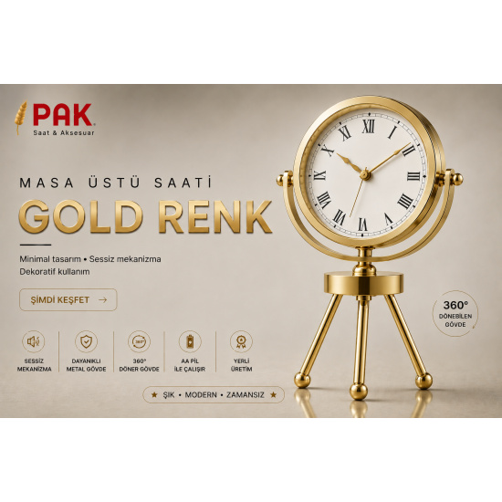 PAK-113 GOLD RENGİ ROMA RAKAMLI İÇİ BEYAZ 3 AYAKLI SAAT 20 CM