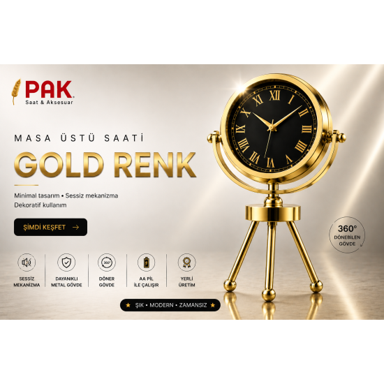 PAK-113 GOLD RENGİ ROMA RAKAMLI İÇİ SİYAH 3 AYAKLI SAAT 20 CM