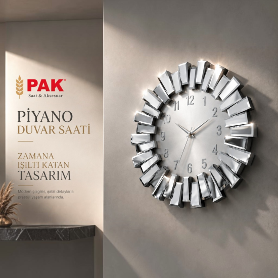 PAK-100 PİYANO SAAT GÜMÜŞ RENGİ DOĞAL SAYILI BEYAZ ZEMİNİ 80 CM ÇAPI