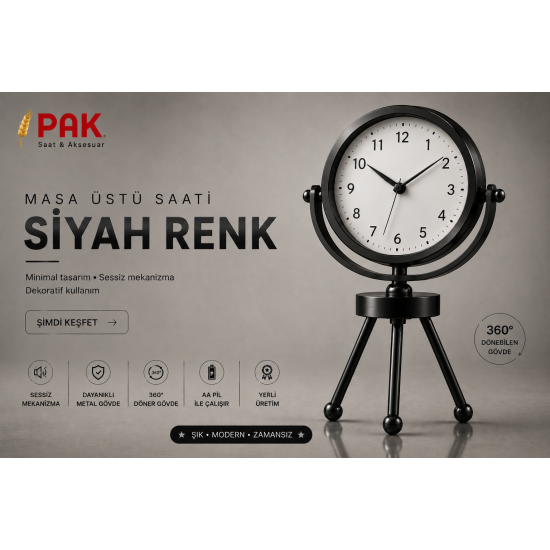 PAK-113 SİYAH RENGİ DOĞAL RAKAMLI İÇİ BEYAZ 3 AYAKLI SAAT 20 CM