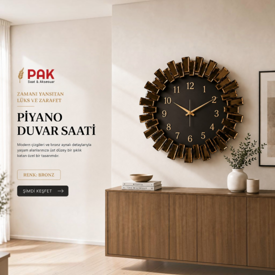 PAK-100 PİYANO SAAT BRONZ RENGİ DOĞAL SAYILI SİYAH ZEMİNİ 80 CM ÇAPI