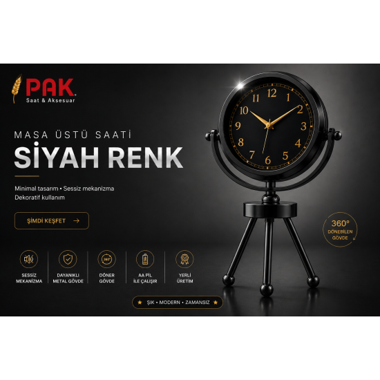PAK-113 SİYAH RENGİ DOĞAL RAKAMLI İÇİ SİYAH 3 AYAKLI SAAT 20 CM