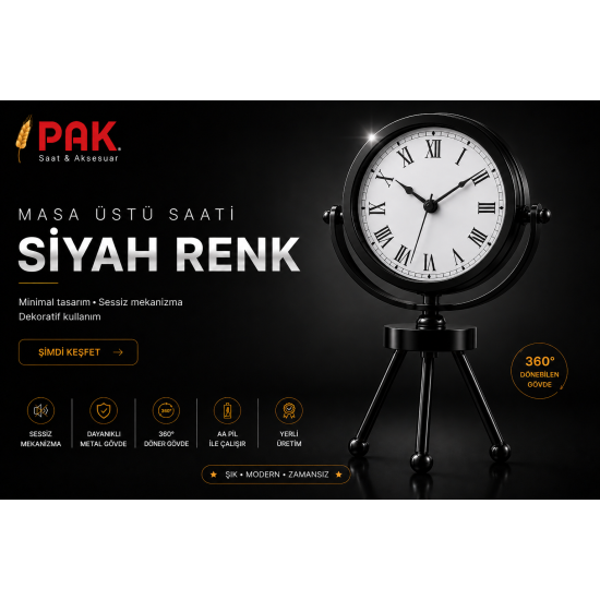 PAK-113 SİYAH RENGİ ROMA RAKAMLI İÇİ BEYAZ 3 AYAKLI SAAT 20 CM