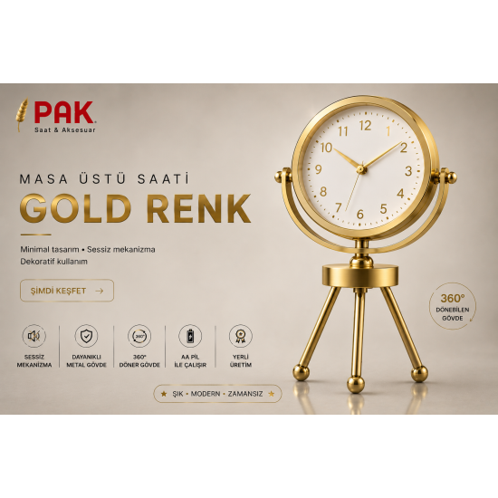PAK-113 GOLD RENGİ DOĞAL RAKAMLI İÇİ BEYAZ 3 AYAKLI SAAT 20 CM