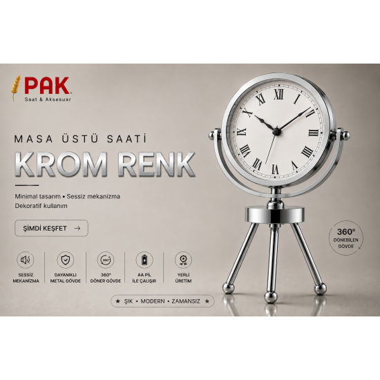 PAK-113 KROM RENGİ ROMA RAKAMLI İÇİ BEYAZ 3 AYAKLI SAAT 20 CM