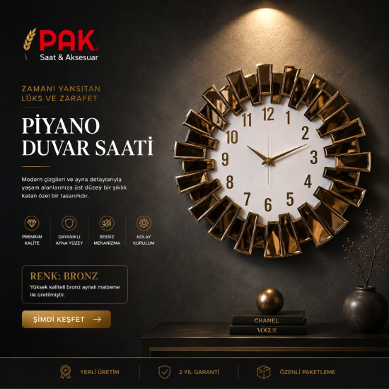 PAK-100 PİYANO SAAT BRONZ RENGİ DOĞAL SAYILI BEYAZ ZEMİNİ 80 CM ÇAPI