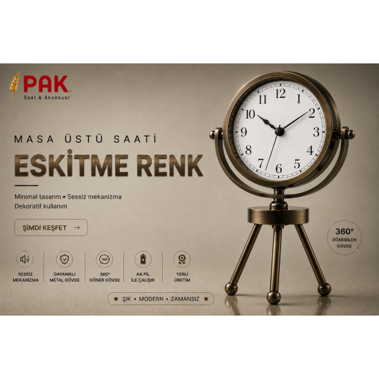 PAK-113 ESKİTME RENGİ DOĞAL RAKAMLI İÇİ BEYAZ 3 AYAKLI SAAT 20 CM